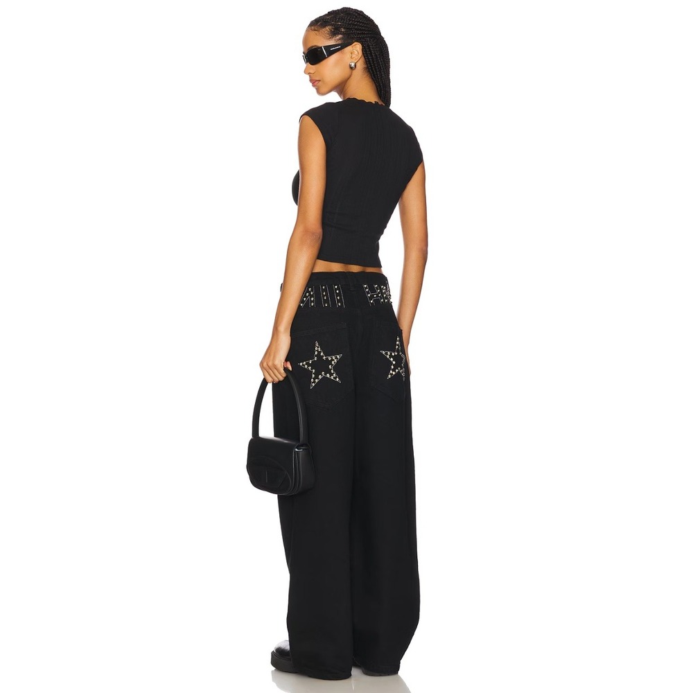Niihai Stud Star Y2K Grunge Streetwear Hugh Waist Wide Leg Jeans Black Women M